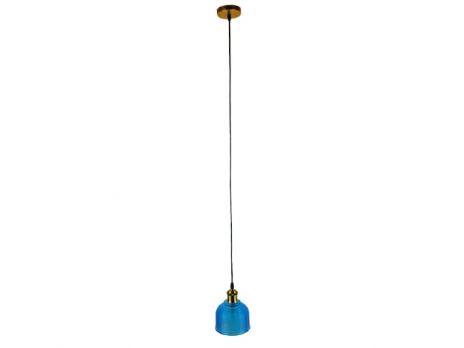 SEGRETO 01452 Vintage Κρεμαστό Φωτιστικό Οροφής Μονόφωτο Μπλε Γυάλινο Διάφανο Καμπάνα με Χρυσό Ντουί Φ14 x Υ18cm - 2