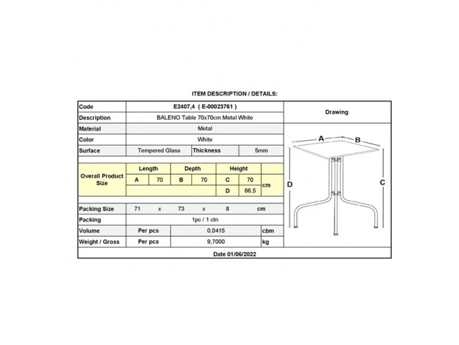 ΤΡΑΠΕΖΙ ΚΗΠΟΥ BALENO Ε2407,3 - 2